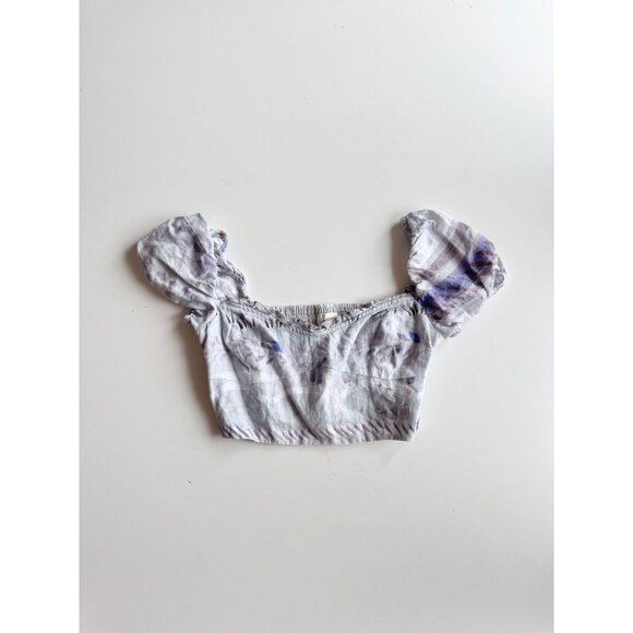 Aritzia WILFRED Wanderer Blue Linen Cropped Puff Sleeve Bustier Blouse, Size S - Picture 5 of 15